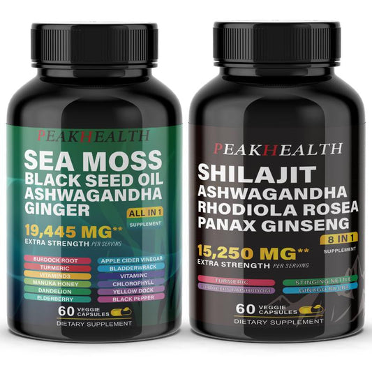 PEAKHEALTH Sea Moss & Shilajit Dynamic Vitality Bundle - 60 Count, All-In-One Daily Support for Wellness Routine - Edible, Fitness Supplement Dietary