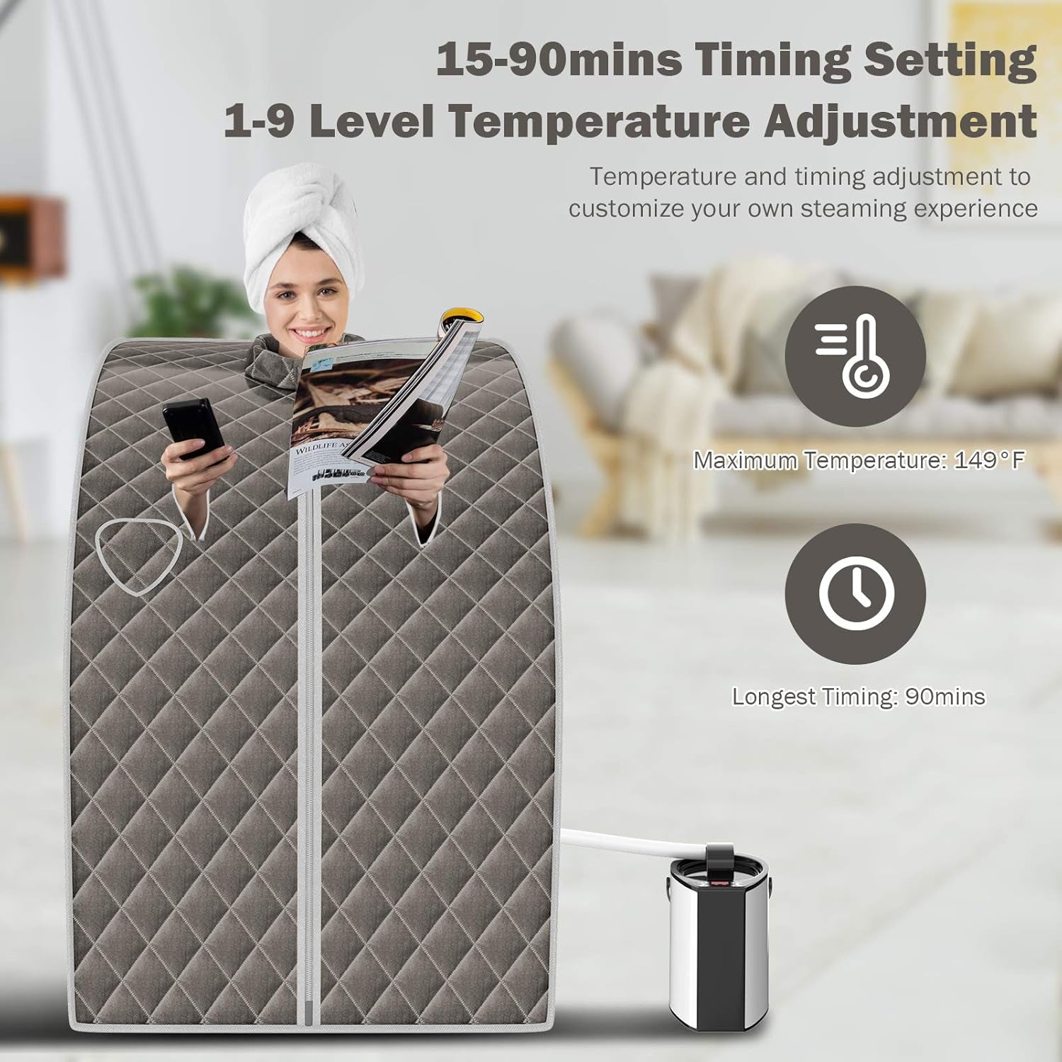 Portable Steam Sauna, 3L Personal Sauna Tent with Remote Control, 9-Level Temperature and Timer, Atomization Function, Foldable Spa Sauna for Weight Loss, Detox Relaxation at Home (Grey)