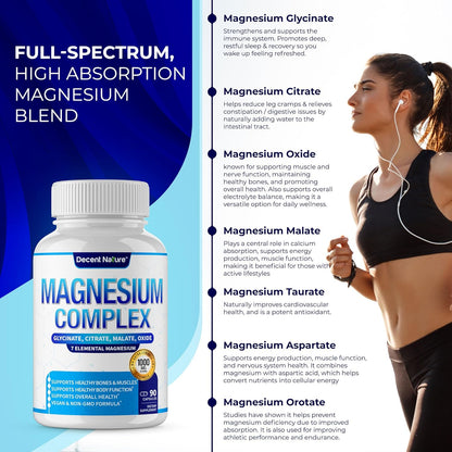 Magnesium Complex 7 Elemental Magnesium Supplement 1000Mg – Magnesium Glycinate, Citrate, Malate, Taurate, Oxide, Aspartate, Orotate Non-Gmo 90 Capsules