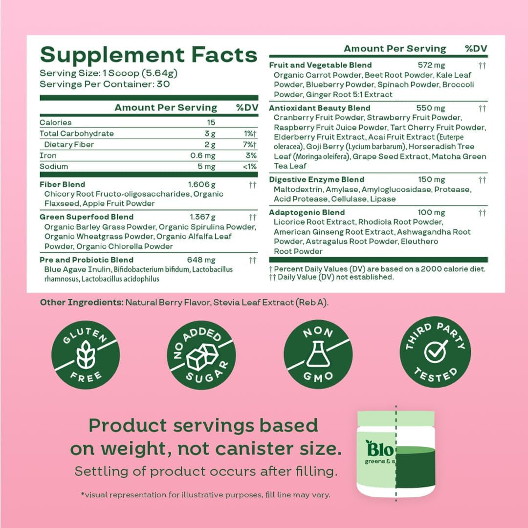 Superfood Greens Powder, Digestive Enzymes with Probiotics and Prebiotics, Gut Health, Bloating Relief for Women, Chlorella, Green Juice Mix with Beet Root Powder, 30 SVG, Berry