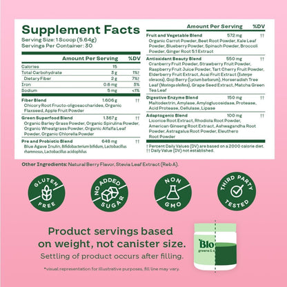 Superfood Greens Powder, Digestive Enzymes with Probiotics and Prebiotics, Gut Health, Bloating Relief for Women, Chlorella, Green Juice Mix with Beet Root Powder, 30 SVG, Berry