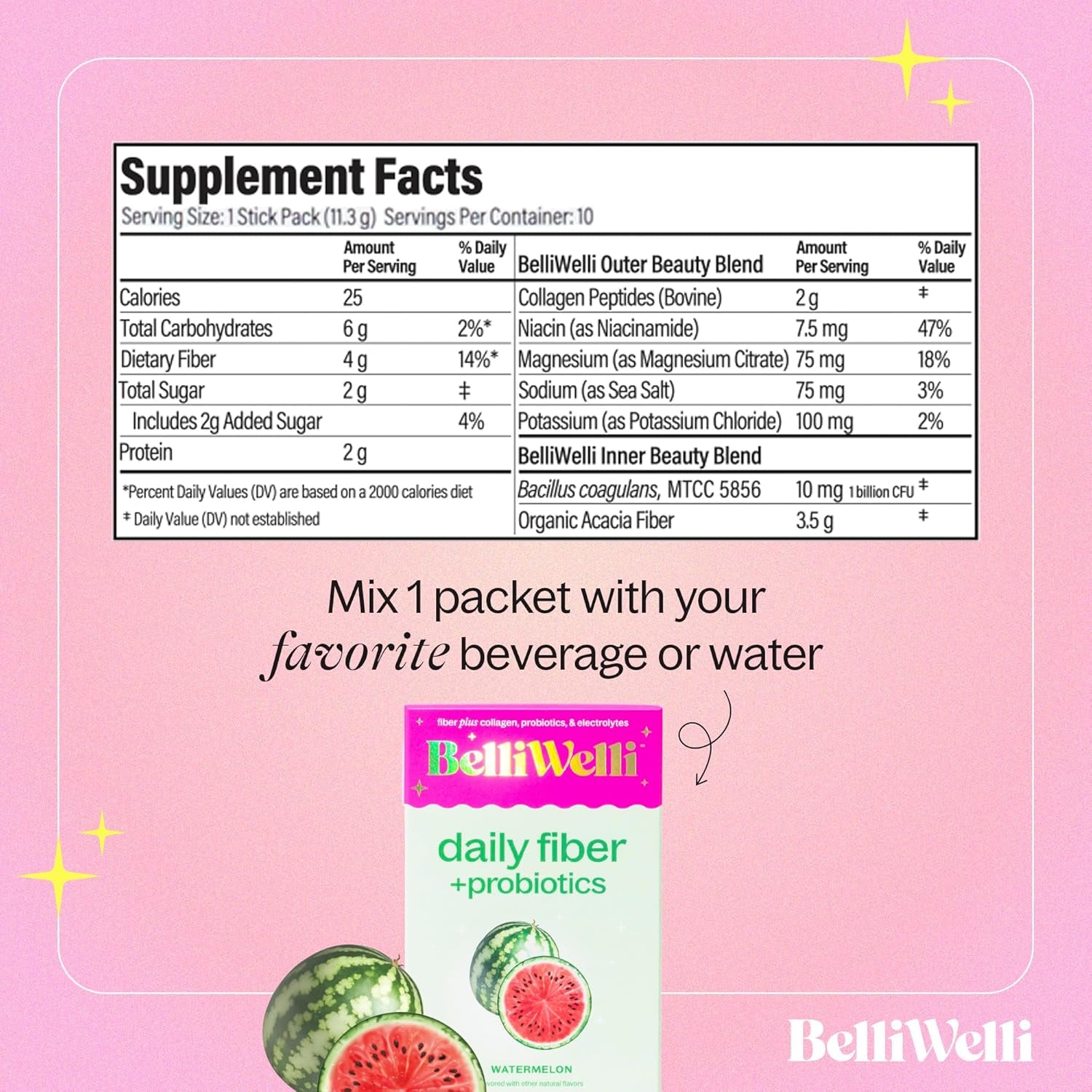 Daily Fiber Supplement Bundle for Women & Men – Premium Fiber Powder from Organic Acacia with Added Collagen, Electrolytes & Probiotics – No Bloat, Constipation & Gut Health Support (Watermelon)