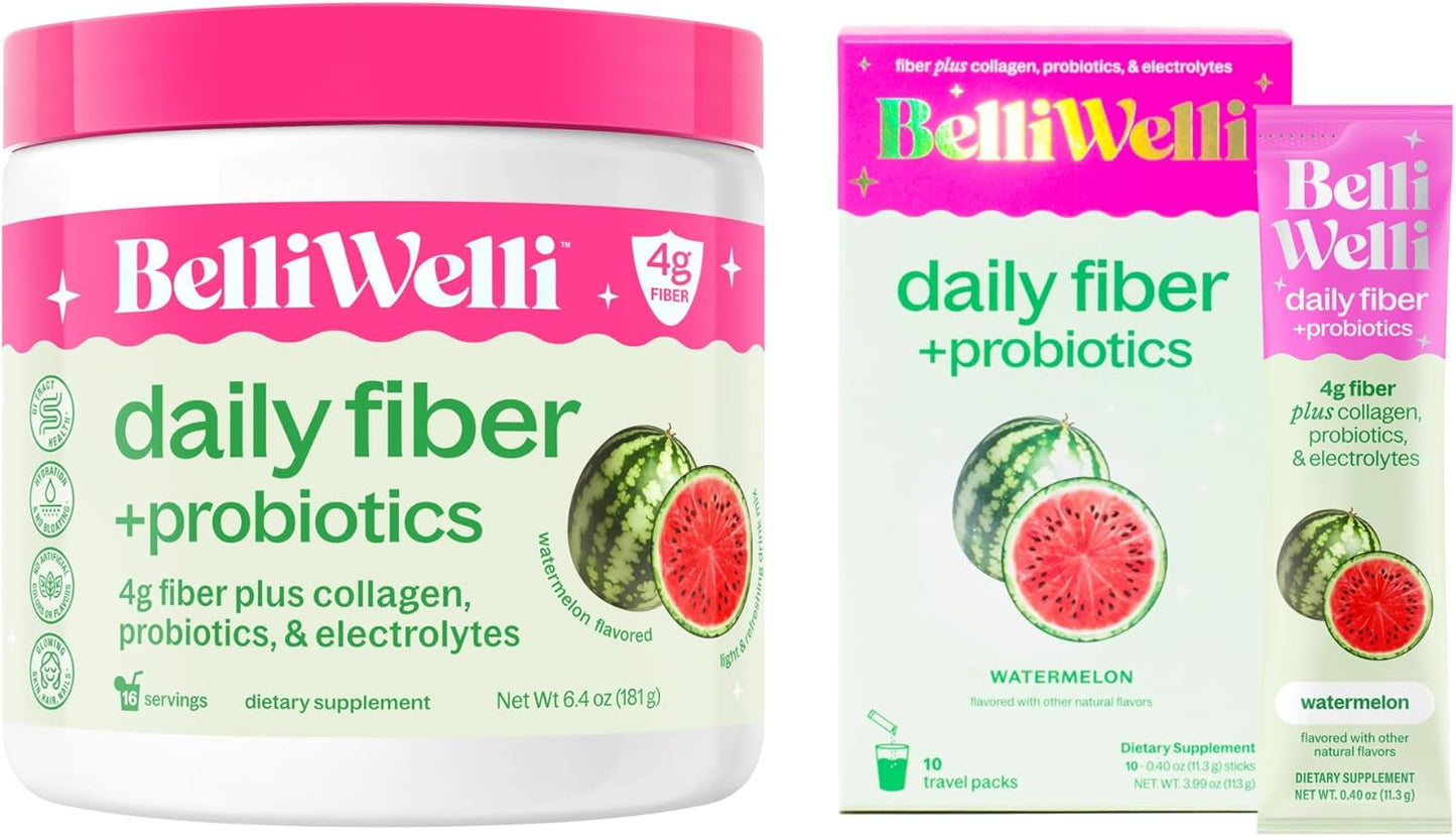 Daily Fiber Supplement Bundle for Women & Men – Premium Fiber Powder from Organic Acacia with Added Collagen, Electrolytes & Probiotics – No Bloat, Constipation & Gut Health Support (Watermelon)