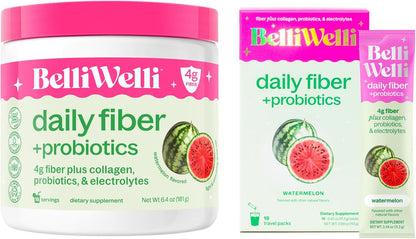 Daily Fiber Supplement Bundle for Women & Men – Premium Fiber Powder from Organic Acacia with Added Collagen, Electrolytes & Probiotics – No Bloat, Constipation & Gut Health Support (Watermelon)