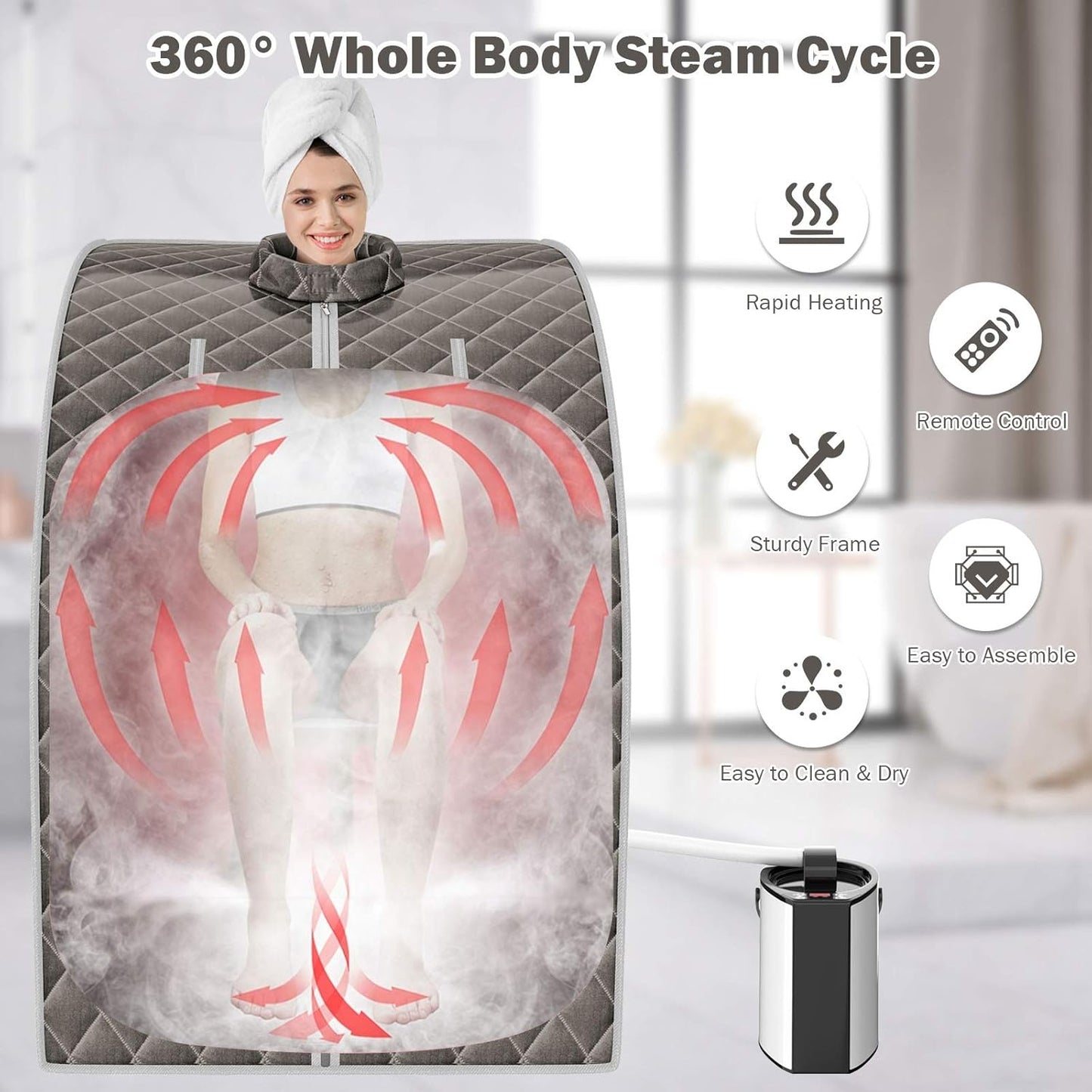 Portable Steam Sauna, 3L Personal Sauna Tent with Remote Control, 9-Level Temperature and Timer, Atomization Function, Foldable Spa Sauna for Weight Loss, Detox Relaxation at Home (Grey)