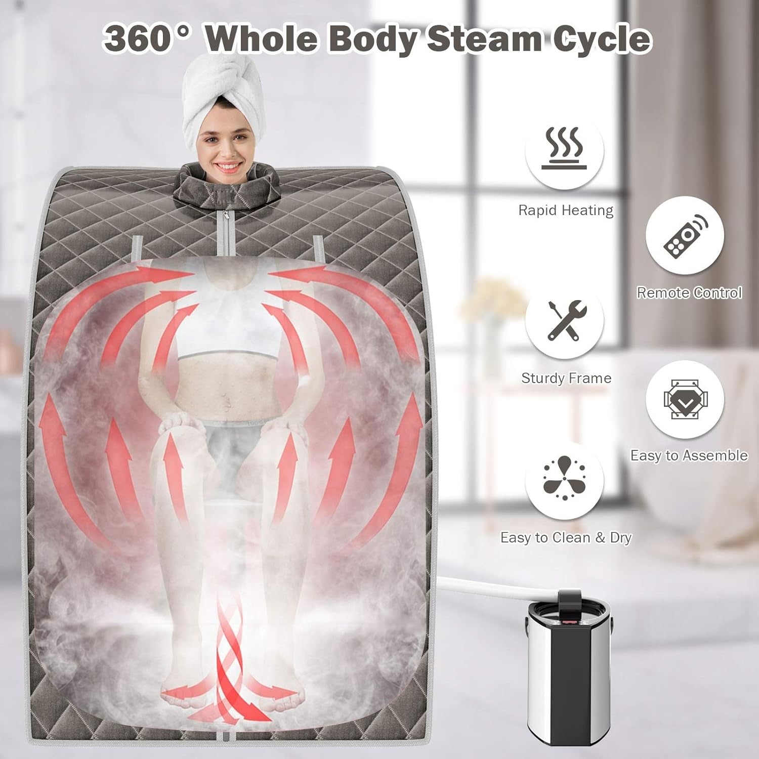 Portable Steam Sauna, 3L Personal Sauna Tent with Remote Control, 9-Level Temperature and Timer, Atomization Function, Foldable Spa Sauna for Weight Loss, Detox Relaxation at Home (Grey)