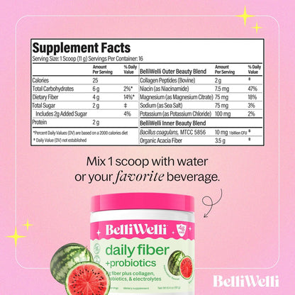 Daily Fiber Supplement Bundle for Women & Men – Premium Fiber Powder from Organic Acacia with Added Collagen, Electrolytes & Probiotics – No Bloat, Constipation & Gut Health Support (Watermelon)